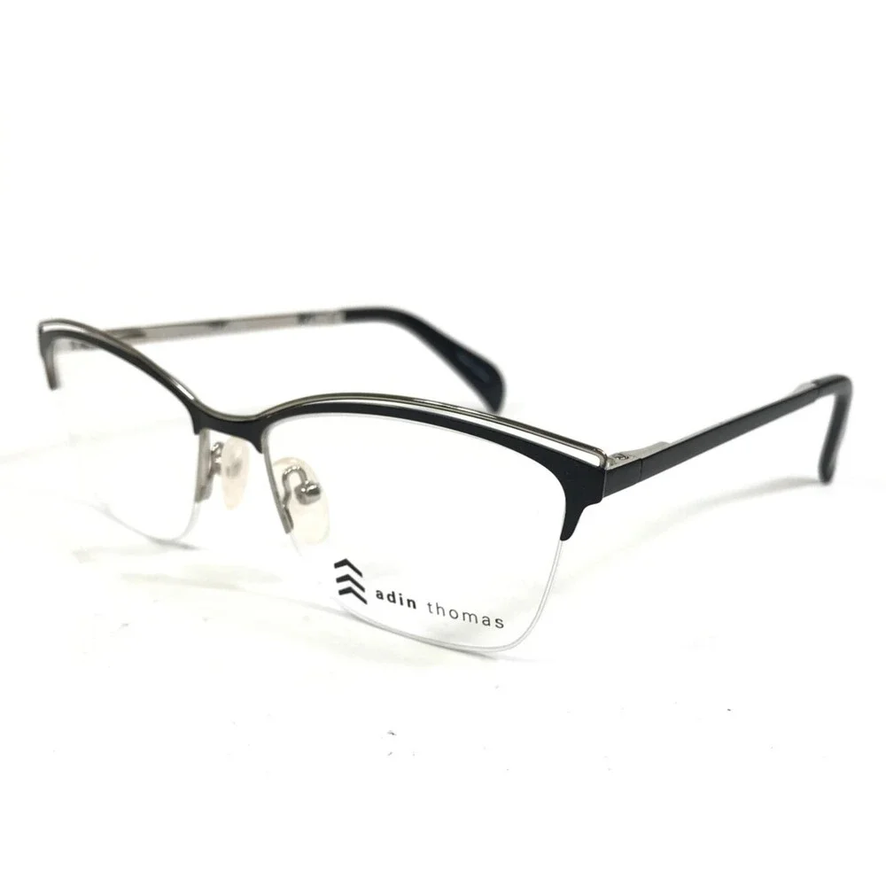 Adin Thomas Eyeglasses Frames AT-426 C1 Black Silver Cat Eye Half Rim 52-16-135